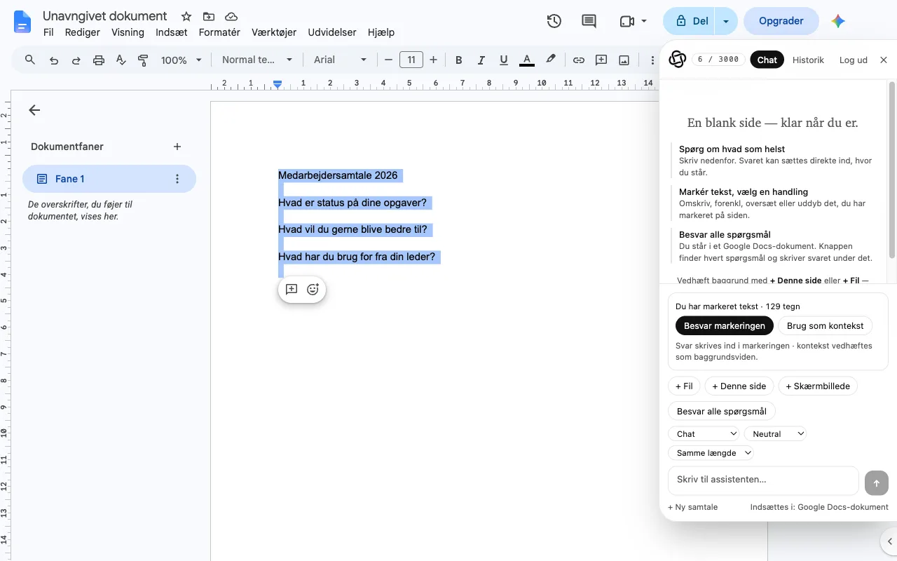 Select the questions in a document. The side panel offers to answer exactly that text.