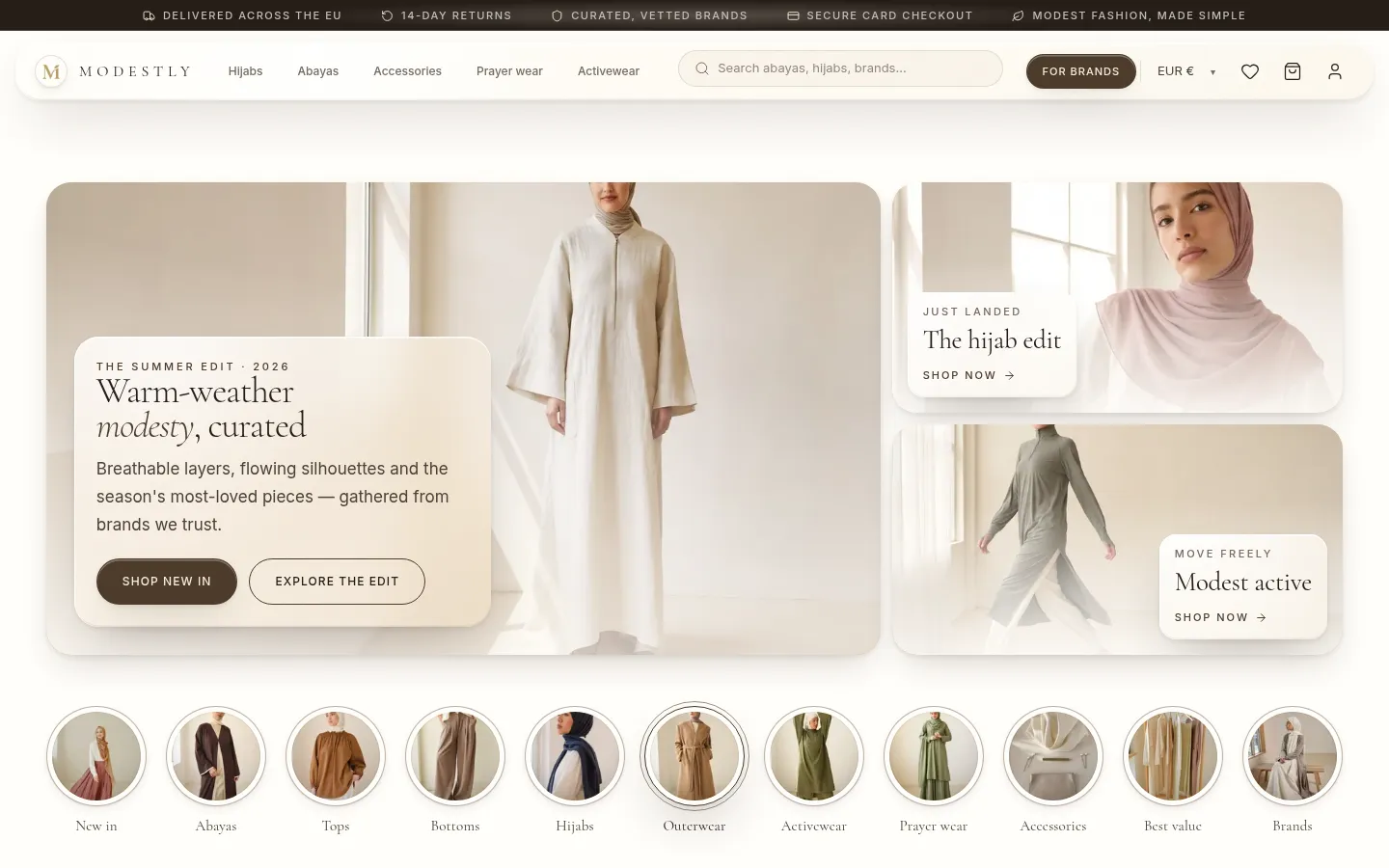 The shop opens on one promise: independent modest-fashion labels, one bag, one payment.